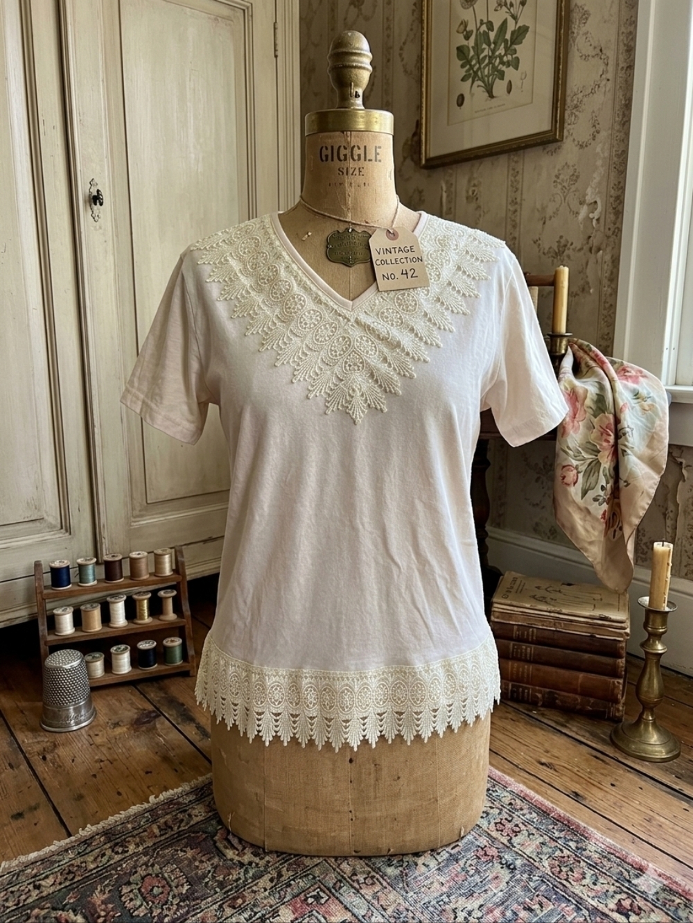 Vintage 90s Hummingbird Lace Trim Blouse Cream V-Neck Boho Cottagecore Top